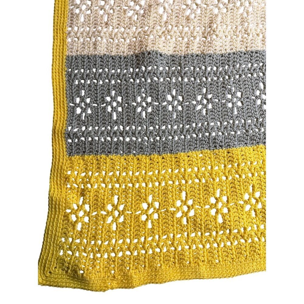 Handmade Crochet Striped Blanket With Yellow Gray & Cream Floral Pattern - Picture 2 of 2